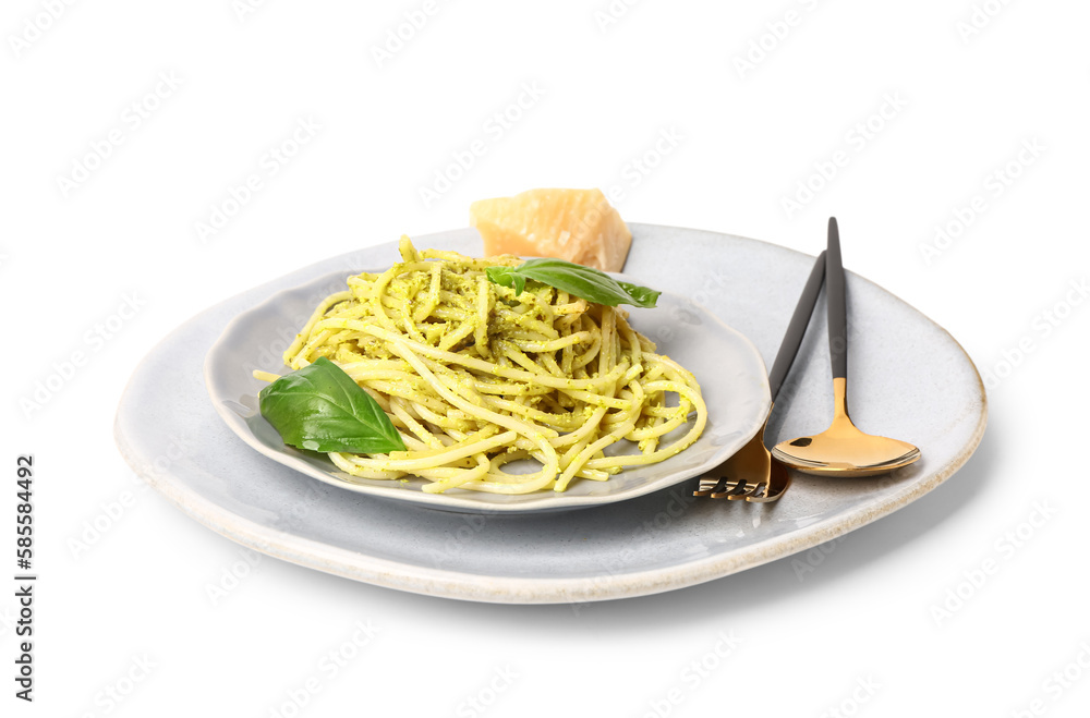 Plate with tasty pesto pasta on white background