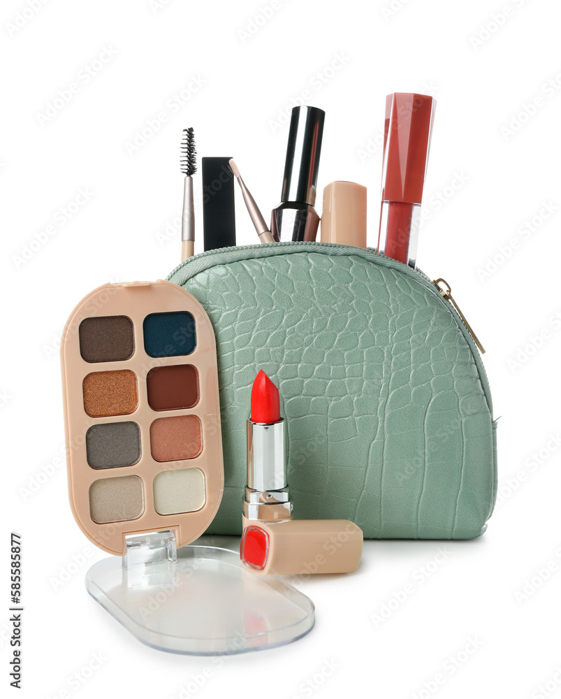 Bag with cosmetic products on white background