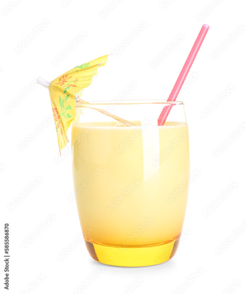 Glass of tasty pineapple smoothie, straw and umbrella on white background