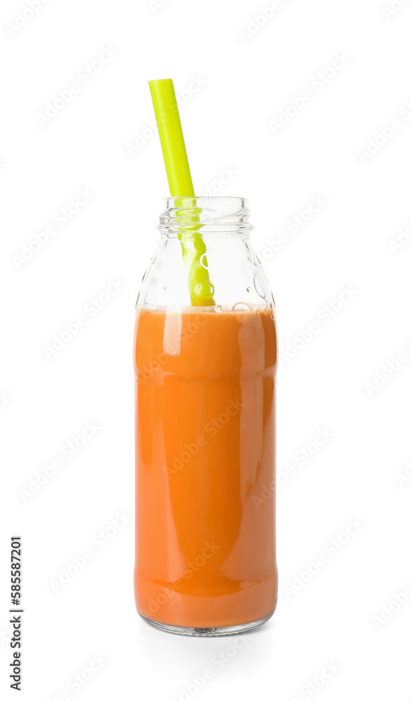 Glass bottle of tasty orange smoothie with straw on white background