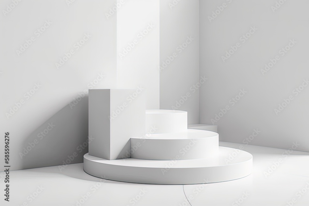 Minimalistic White Room with a Pedestal and Wall. Generative AI