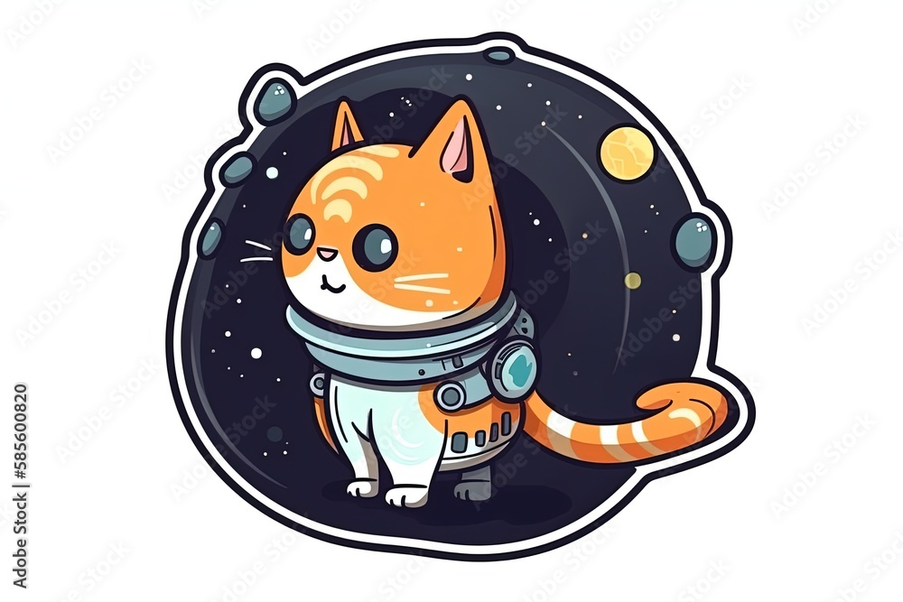 an adventurous orange and white cat exploring space in a colorful space suit. Generative AI