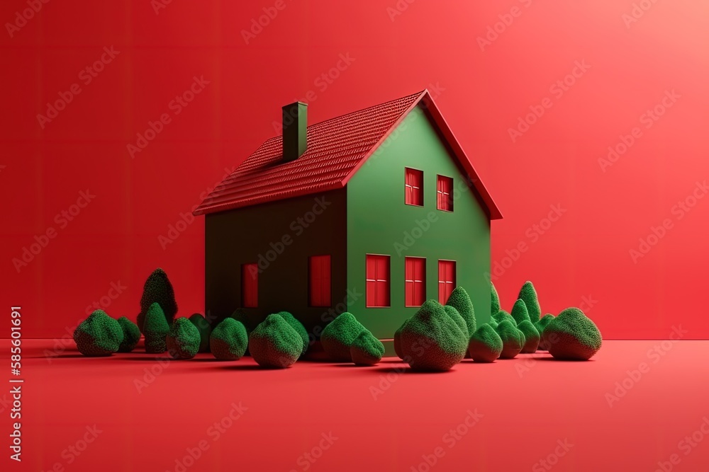 green house in a forest clearing on a red background. Generative AI