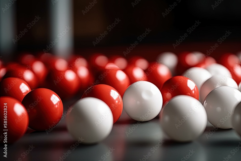 red and white balls arranged on a table. Generative AI