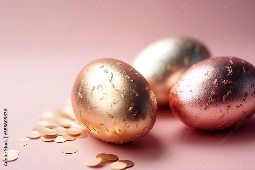 three metallic Easter eggs on a pink background. Generative AI