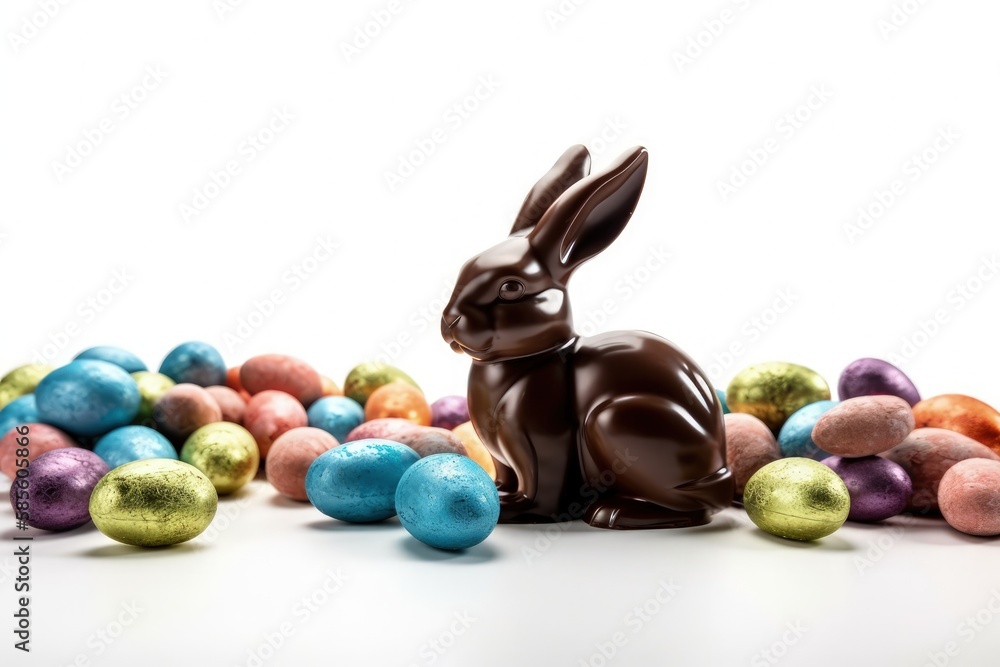 chocolate Easter basket filled with chocolate eggs and a chocolate bunny. Generative AI