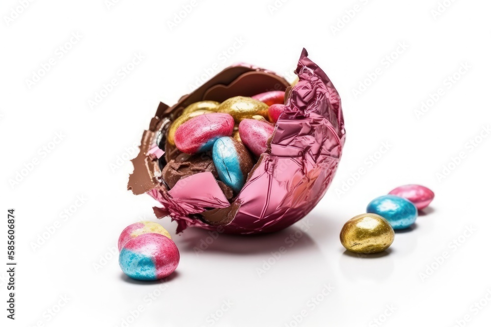 an Easter egg filled with colorful chocolate eggs on a bed of grass. Generative AI