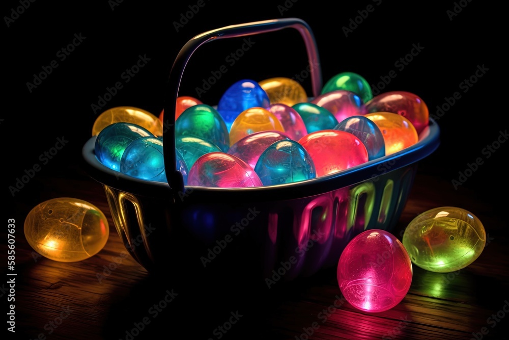 basket filled with colorful and luminous Easter eggs on a wooden table. Generative AI