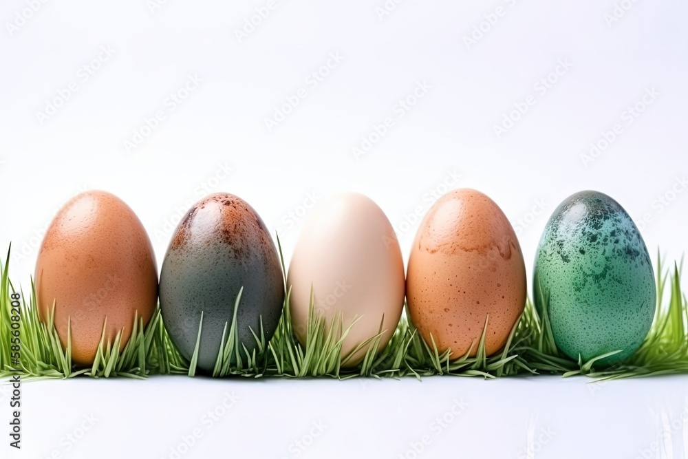 row of white eggs on green grass with a blurred background. Generative AI