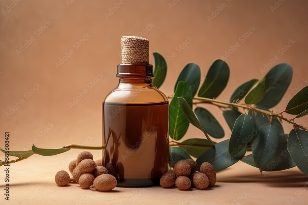 Medicine Bottle next to Leaves, Symbolizing Natural Remedies. Generative AI