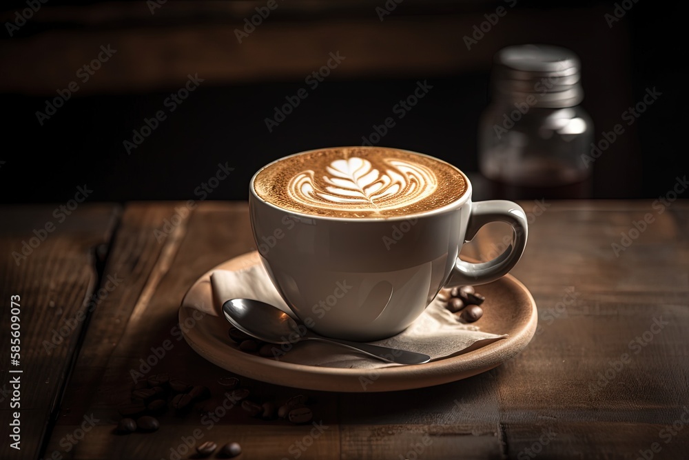 perfectly crafted cappuccino served on a rustic wooden table. Generative AI