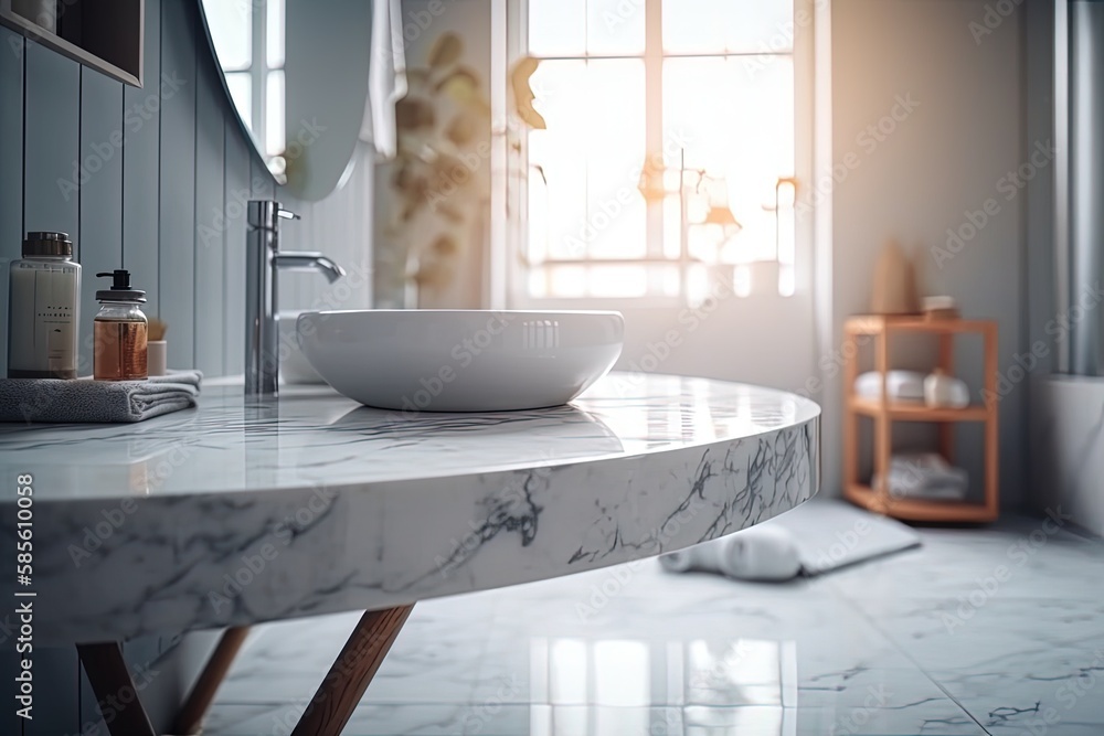 modern bathroom with a luxurious marble countertop and a sleek round sink. Generative AI