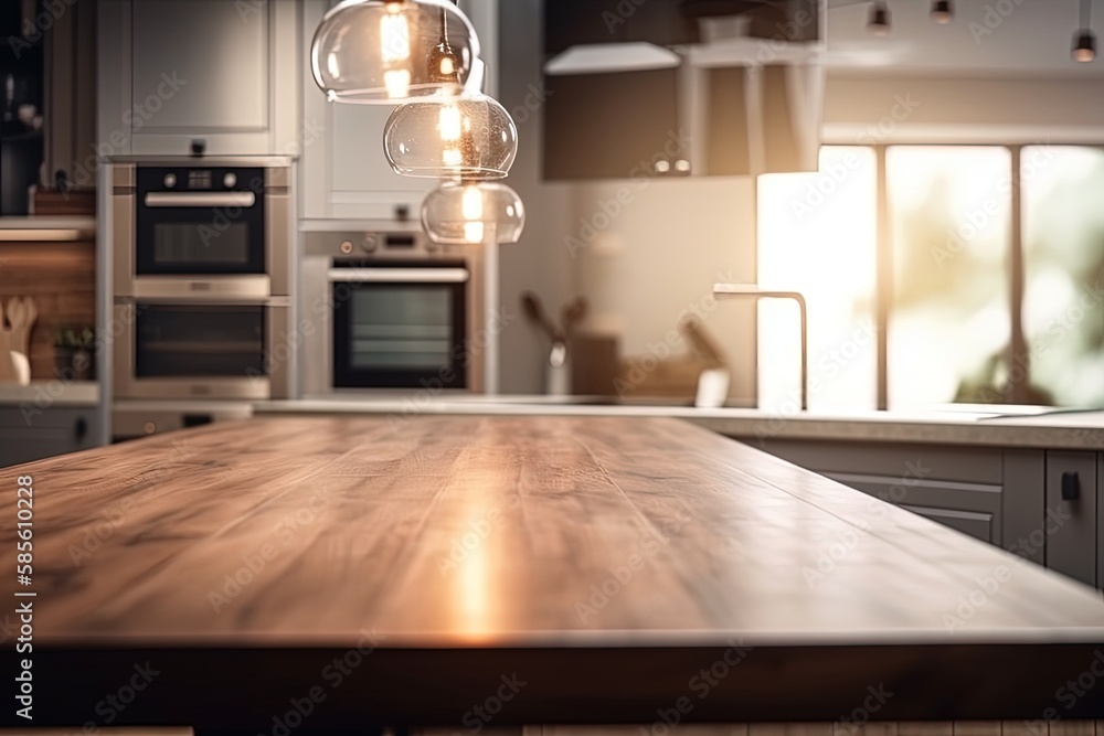 modern kitchen with a sleek wooden countertop and a built-in stove top oven. Generative AI