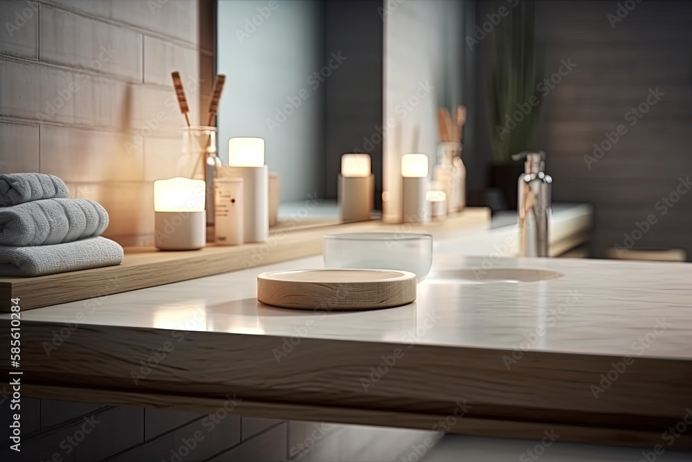 modern bathroom with a wooden countertop and neatly folded white towels. Generative AI