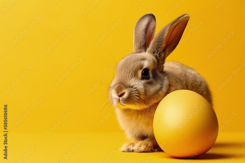 cute rabbit sitting beside a colorful Easter egg on a vibrant yellow background. Generative AI