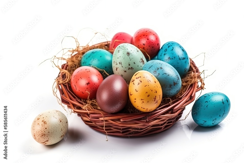 basket overflowing with vibrant Easter eggs. Generative AI