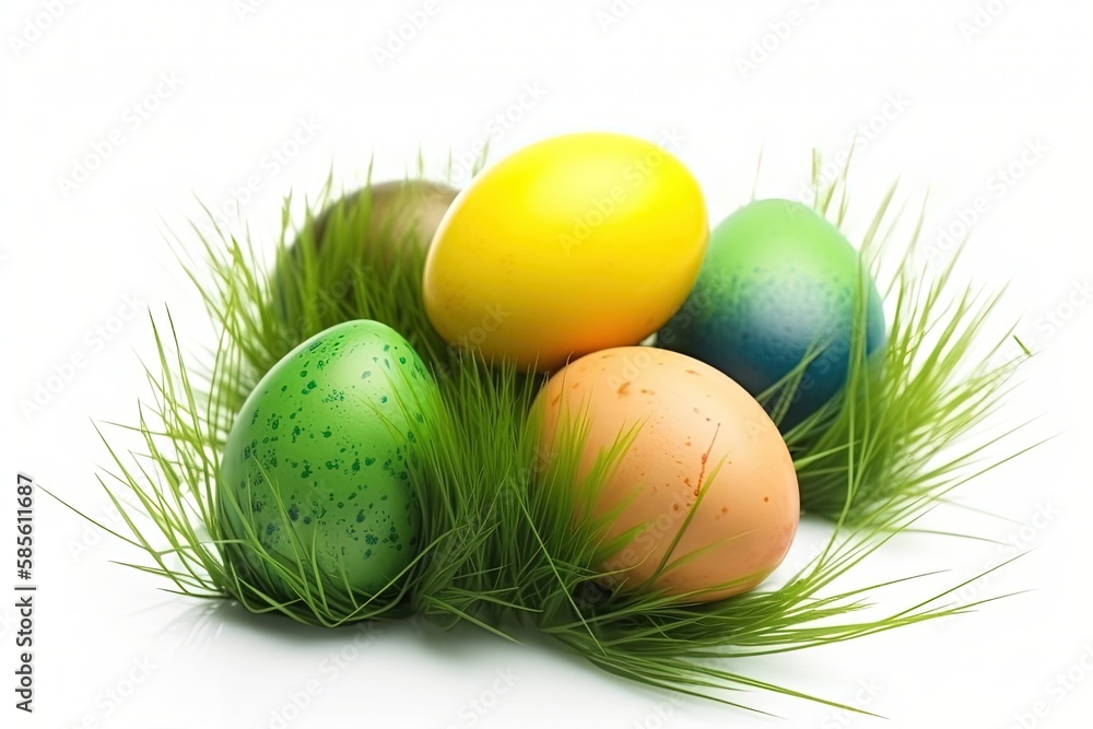 colorful Easter eggs in a grassy field. Generative AI