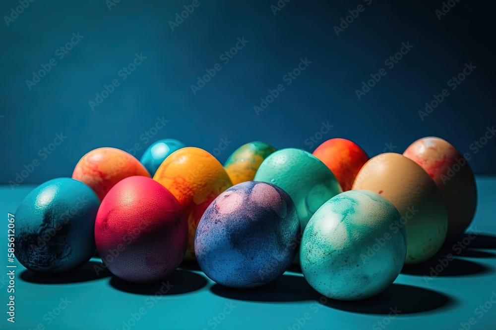 colorful easter eggs arranged on a table. Generative AI