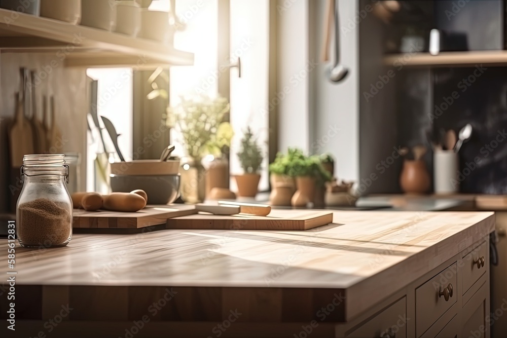 kitchen countertop with various spices and a cutting board. Generative AI