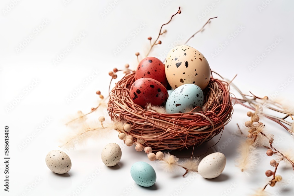 birds nest with eggs on a wooden table. Generative AI