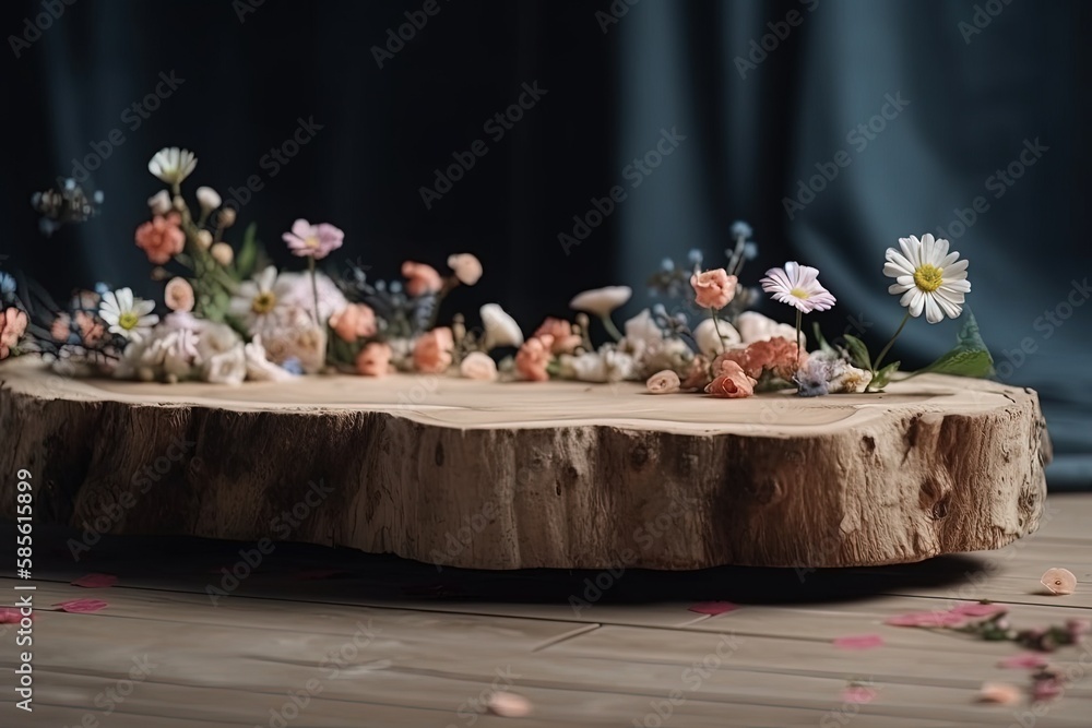 rustic wooden table adorned with a colorful array of flowers. Generative AI