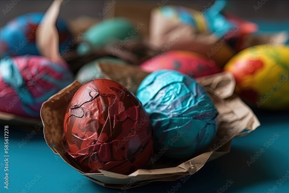 colorful Easter eggs on a table. Generative AI