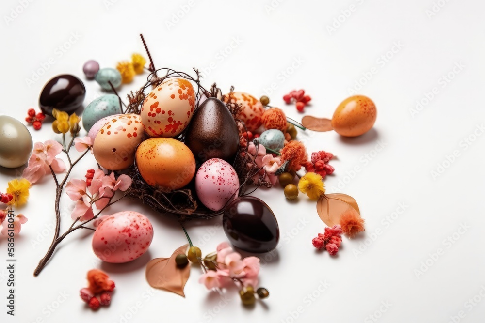 colorful Easter egg display on a white table. Generative AI