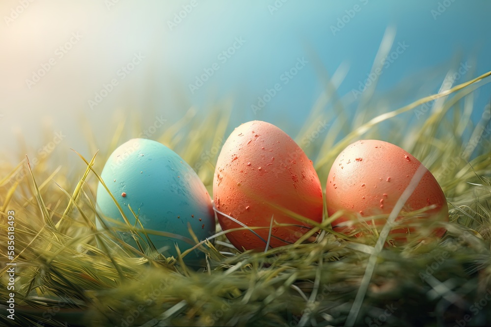 three eggs with dew drops on grass. Generative AI