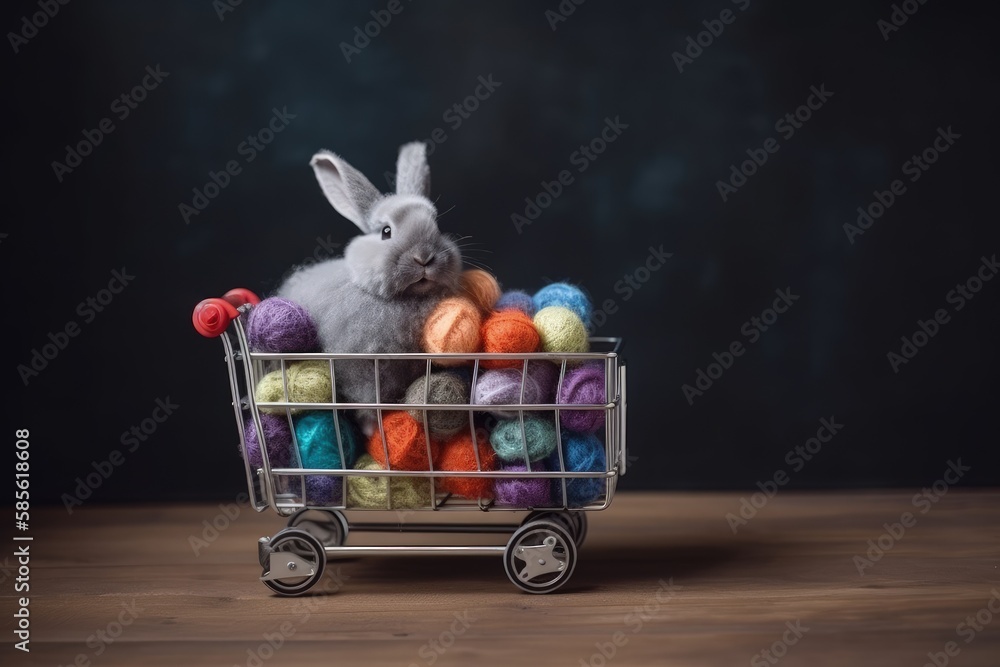 bunny sitting in a shopping cart surrounded by colorful balls of yarn. Generative AI