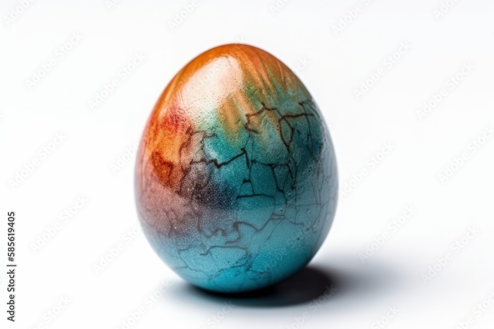 colorful painted Easter egg resting on a pristine white table. Generative AI