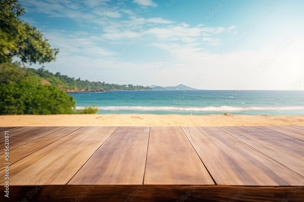 wooden table with a scenic ocean view. Generative AI