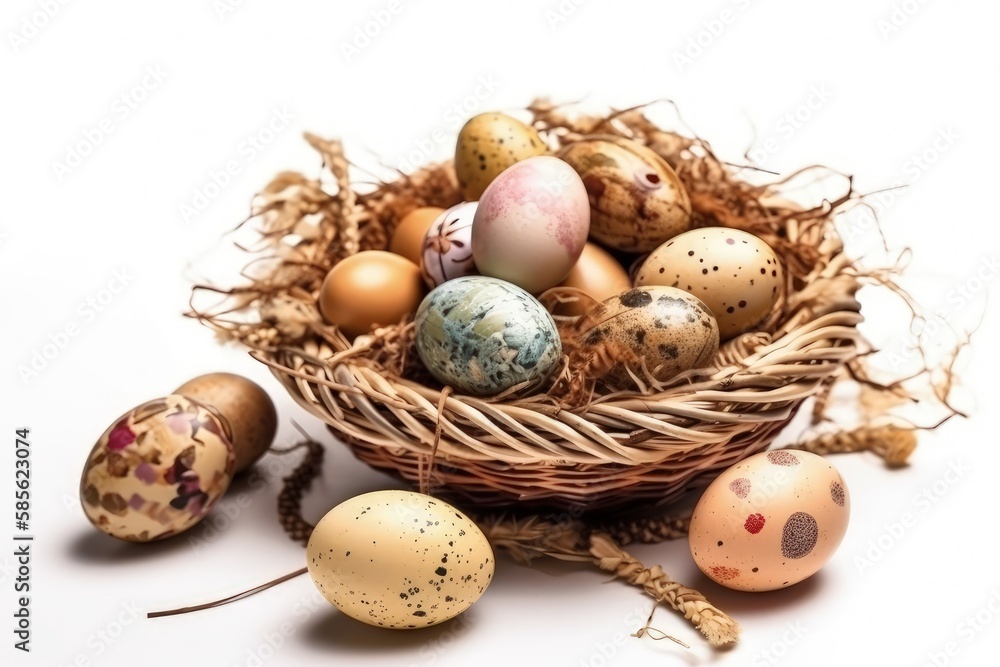 colorful Easter basket filled with eggs. Generative AI