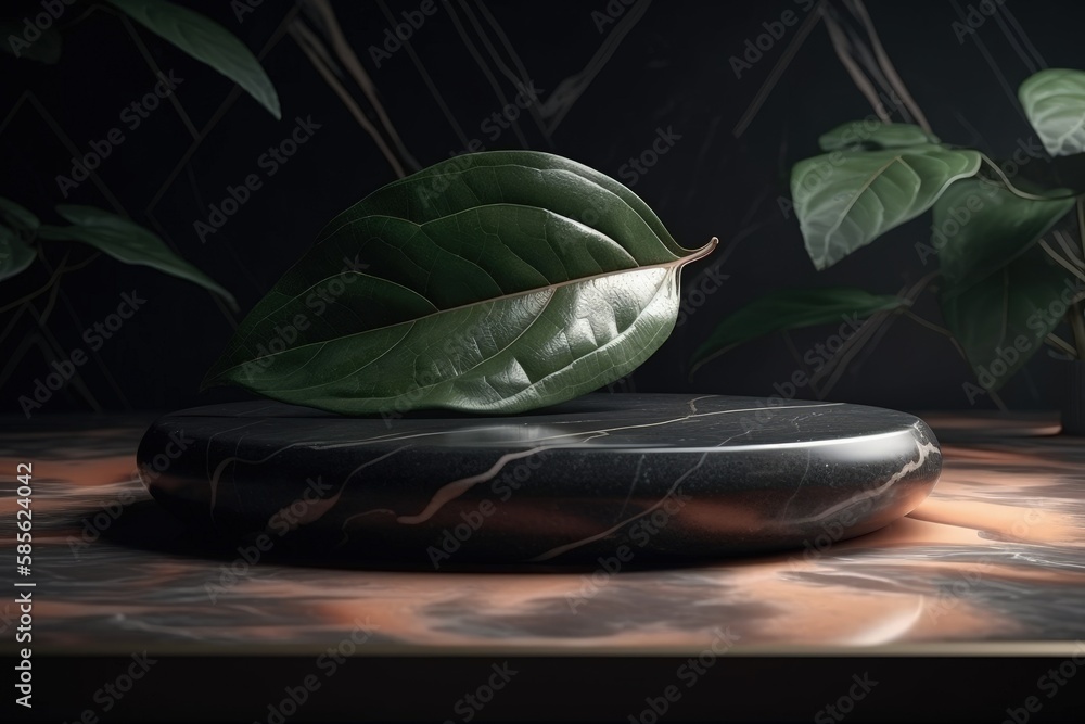 green leaf on a black plate. Generative AI