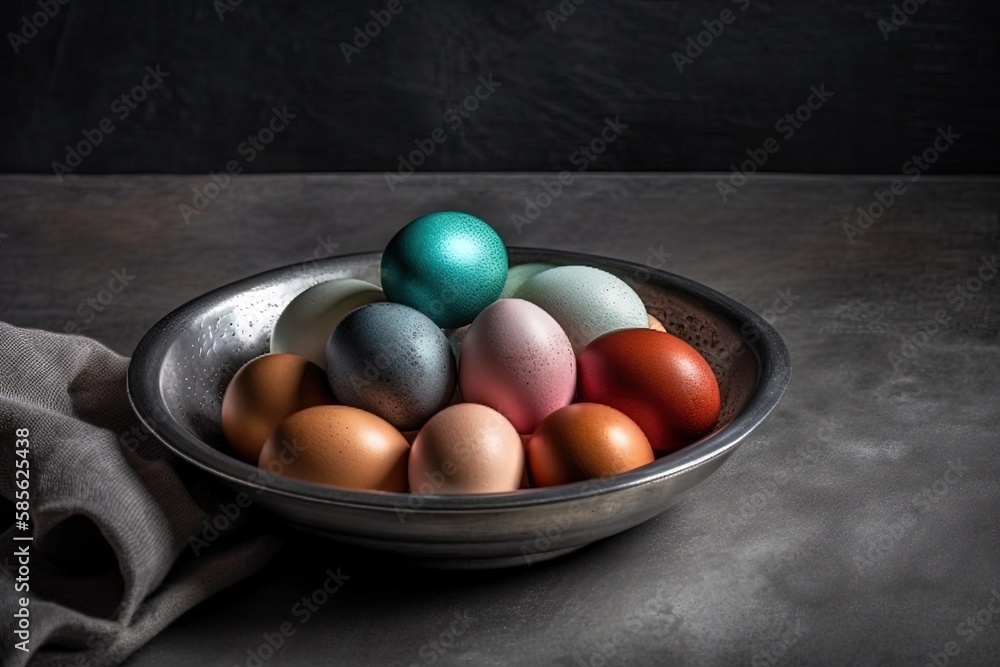 festive bowl of colorful Easter eggs on a table. Generative AI