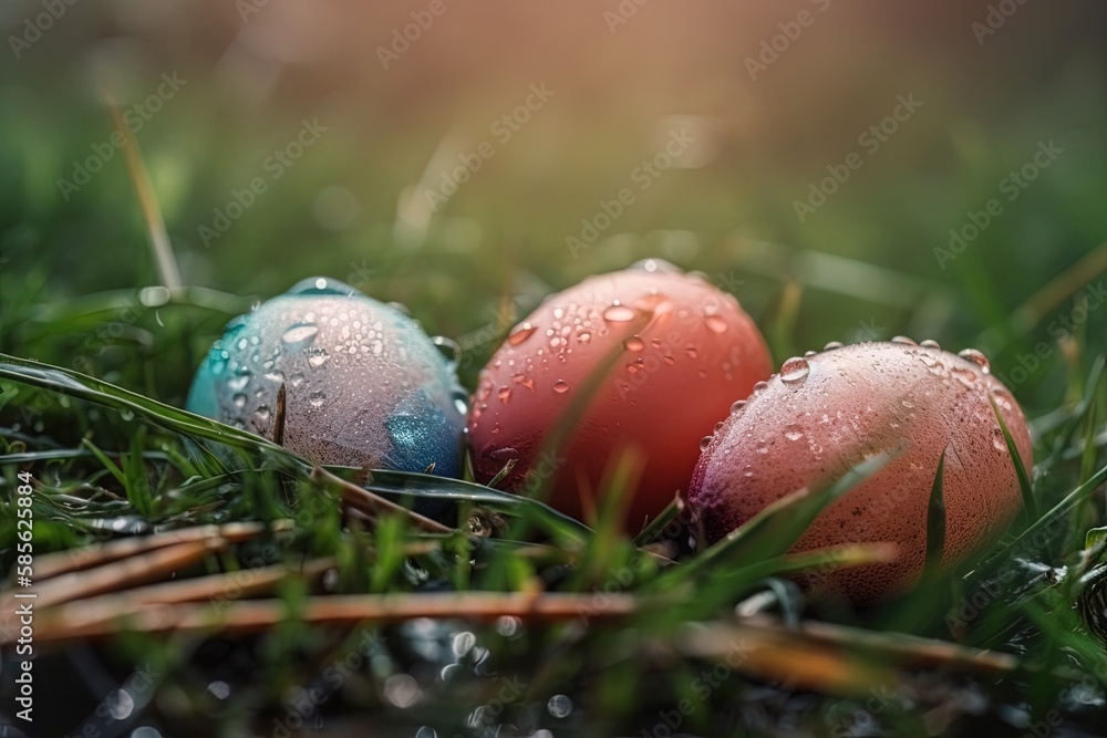 three bright Easter eggs nestled in green grass. Generative AI