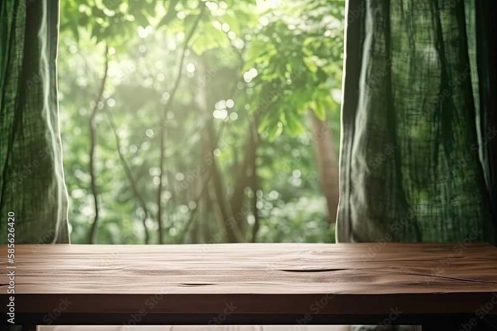 wooden table placed in front of a large window with natural lighting. Generative AI