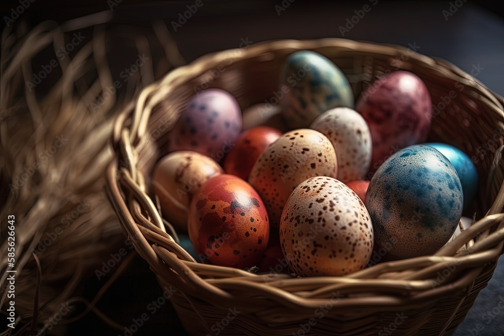 colorful Easter basket filled with eggs on a table. Generative AI