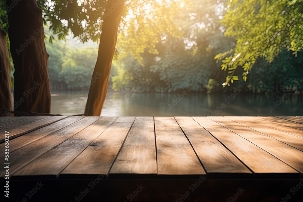 wooden deck with sunlight shining through surrounding trees. Generative AI