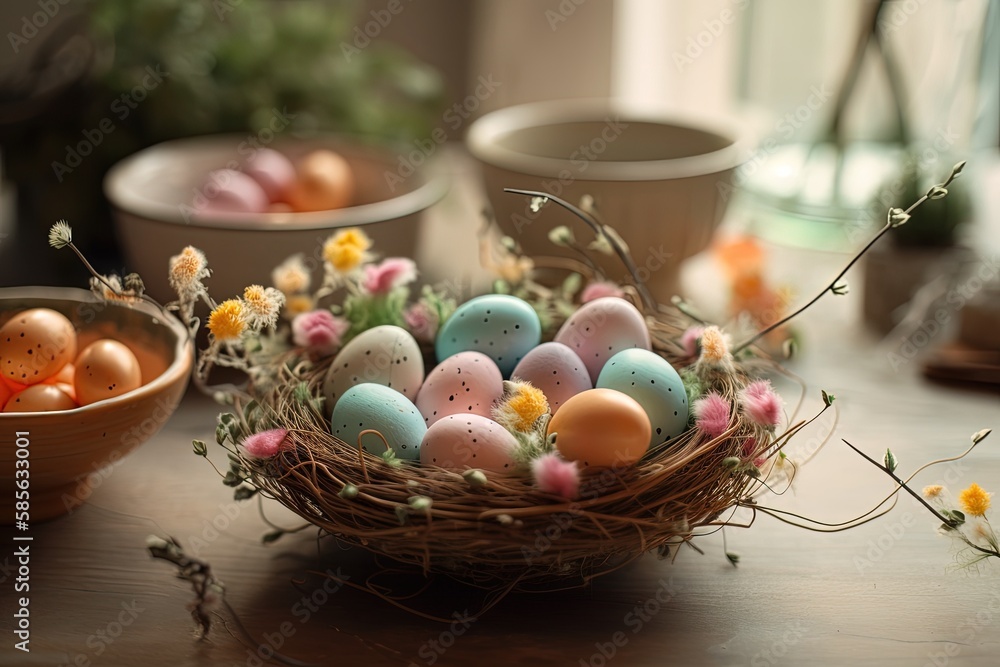 basket filled with fresh eggs on a wooden table. Generative AI