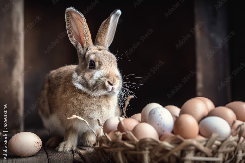 cute rabbit sitting beside a colorful pile of Easter eggs. Generative AI