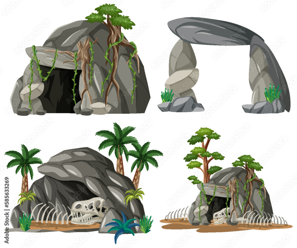 Set of stone cave with fossils