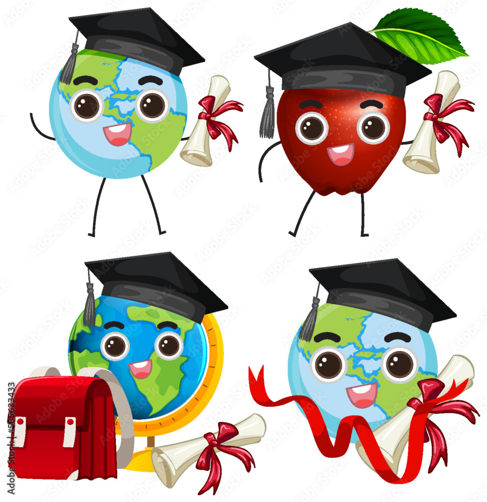 Earth Graduation Cartoon Icons Set