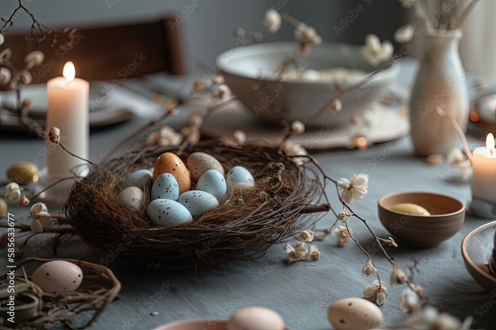 birds nest with eggs on a wooden table. Generative AI