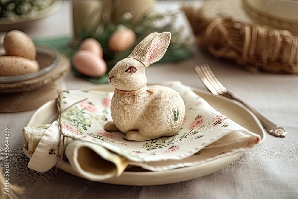 cute white bunny figurine sitting on a decorative plate. Generative AI