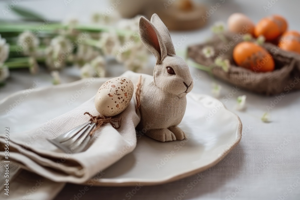 cute bunny figurine sitting on a white plate. Generative AI