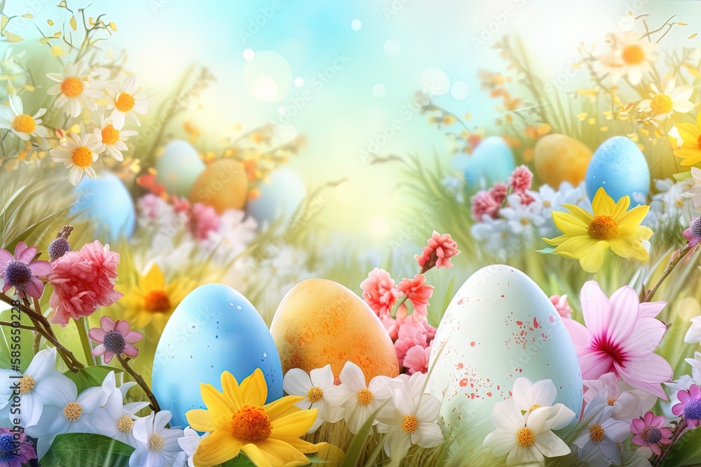 colorful Easter eggs nestled among blooming flowers in a sunny field. Generative AI