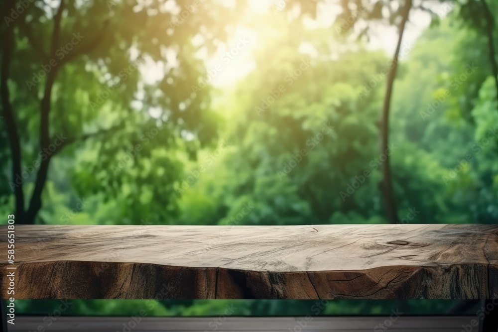 wooden table in a natural setting surrounded by trees. Generative AI