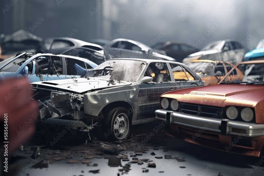 abandoned cars left to rust in a desolate field. Generative AI