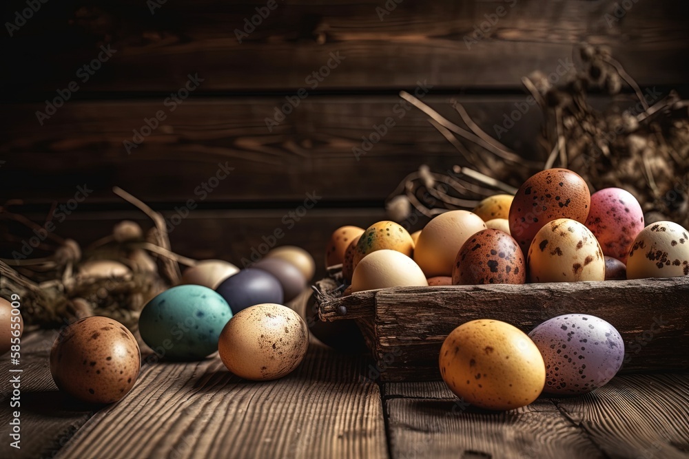 colorful Easter basket filled with eggs. Generative AI