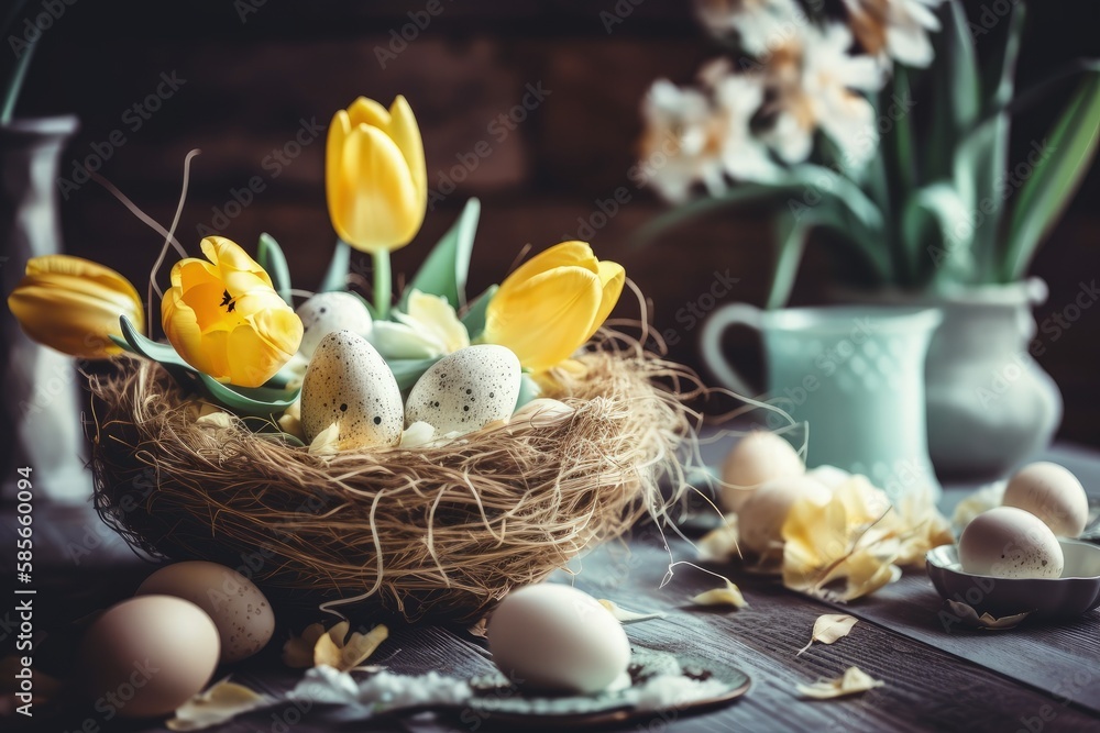 basket filled with eggs and yellow flowers. Generative AI